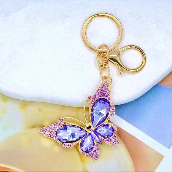 PURPLE CRYSTAL RHINESTONE BUTTERFLY KEYCHAIN / DECORATIVE BAG CHARM IN GOLD - Picture 1 of 5